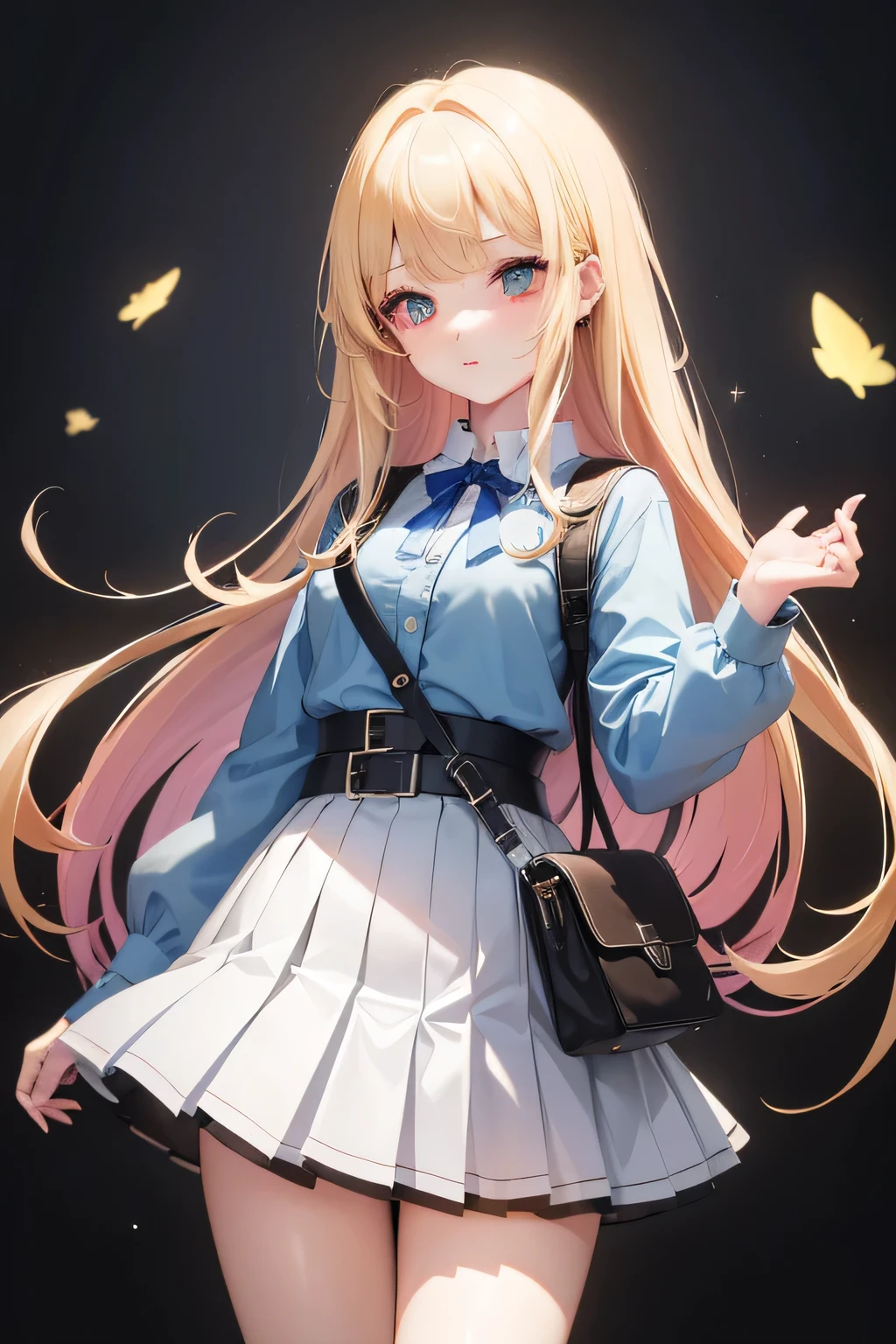 ((1 girl)), Have a smartphone, Latest Trends in Clothing, (hairpin in bangs), younger sister, Pleated skirt, rucksack, Panic look,background_School Area, Surprised face, cute young sister, Cowboy Shot,((Very detailed,highest quality, High resolution, 8k wallpaper, Beautiful clothes,)),((Blonde, Long Hair,Straight hair)), blush , (Crimson Eyes),eye shadow, eyeliner,Glow Eye, Very detailedな目, Beautiful Eyes, 14-year-old girl, Accurate anatomy