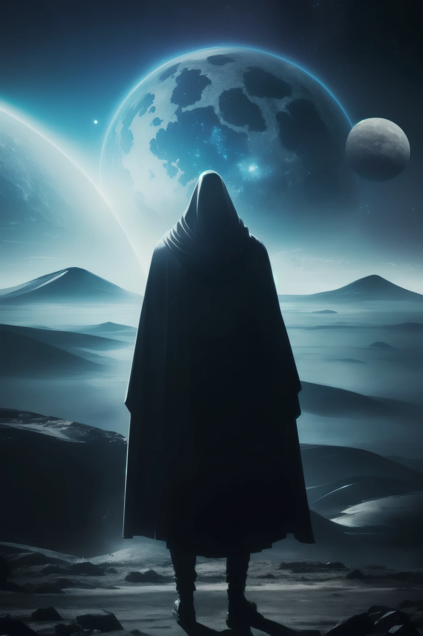 an extraterrestrial being, faceless, with a threatening appearance, an environment from another planet