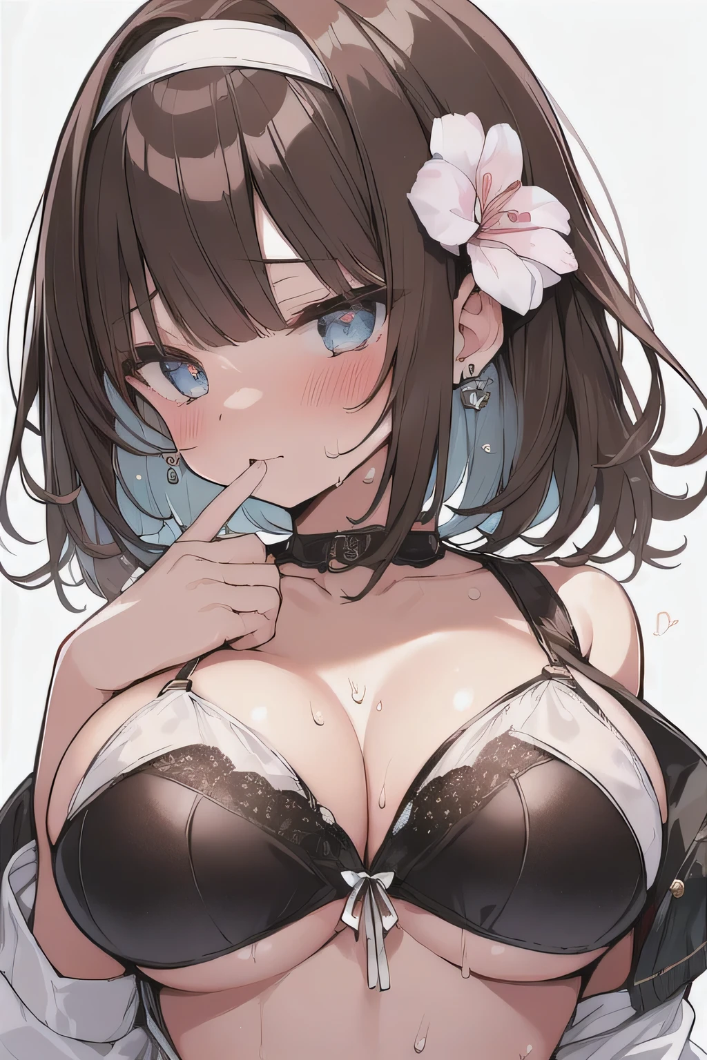 (best quality), (Super detailed), (Best Illustration), (1woman), look at viewer, (Ahegao:1.2), (flower pattern bikini), (show off bra:1.3), (white serafuku), (Big Breasts:1.2), {brown hair, (bob cut:1.2), curly hair, hairs between eyes}, {(detailed eyes), heart-shaped pupils, blue eyes}, blush, sweat, steam, earrings, flower hairband, (white background:1.3),
