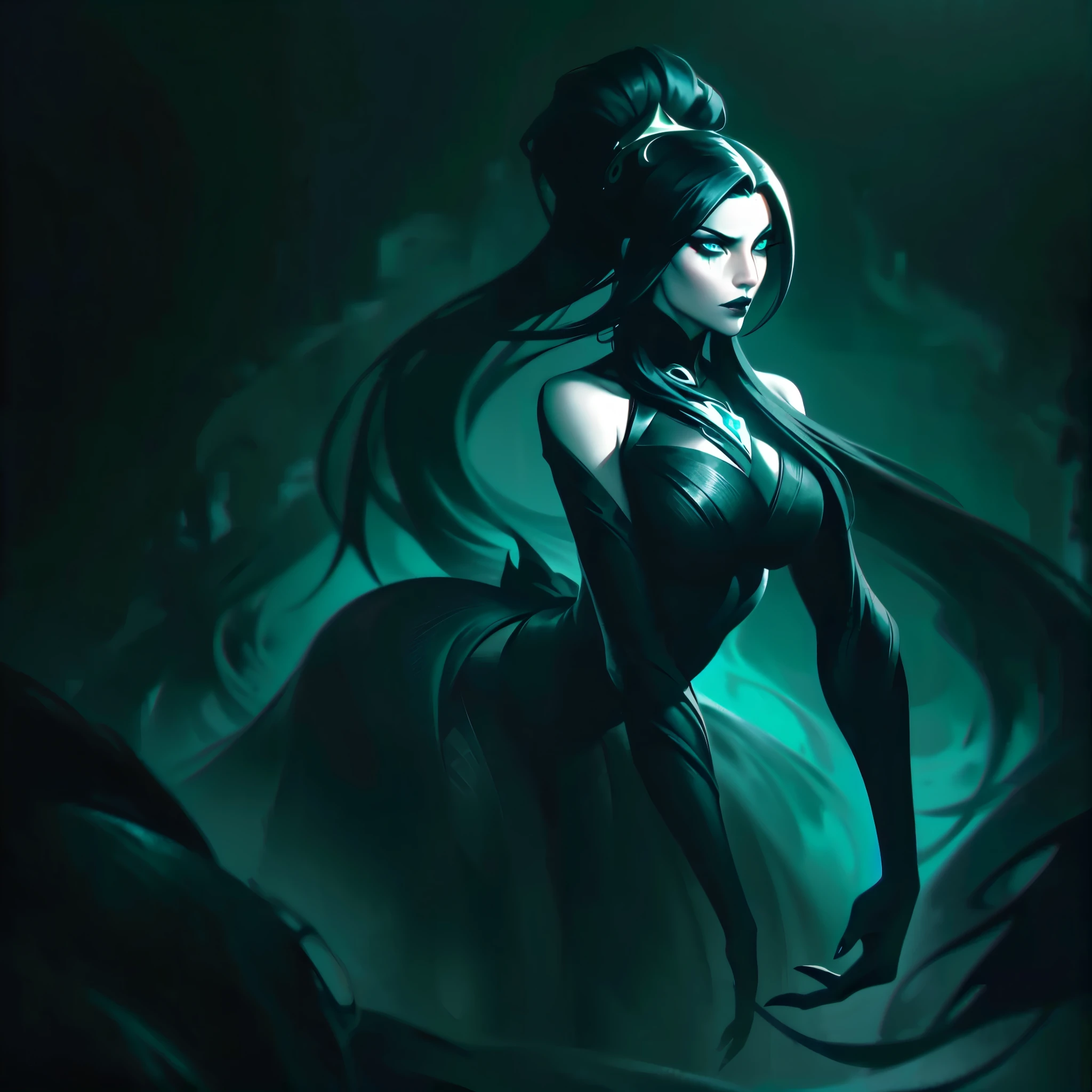 Kitana from Mortal Kombat 1, is depicted in her splashart amidst a mysterious and dark environment, representing her deep connection to chaos. She is an elegant and enigmatic figure, with white hair flowing like water currents around her body. Her skin is pale, almost translucent, and has a subtle glow, reflecting the luminescence of chaos. She is dressed in a flowing costume, composed of dark fabrics that resemble the waves of the sea and unfold into sinuous shapes. She is surrounded by black, churning smone that rise around it, looking almost alive. Her eyes are deep and mesmerizing, a dark green hue that seems to absorb light. They glow with a sinister aura, conveying the dark and mysterious essence of her. Her expression is serene, but at the same time carries an air of defiance, revealing his ambiguous and controlling personality. In the background of the splashart, you can see ancient statues submerged, covered in moss and enigmatic aquatic symbols. The color palette is dominated by deep shades of green and black. Details in purple and dark green stand out, adding a dark and sinister atmosphere, splashart, body lines, vibrant colors, exquisite details, cinematic, artstation, detailed face, detailed eyes, goth makeup, black lipstick, black eyeliner, huge butt, by rossdraws, by Kienan Lafferty,