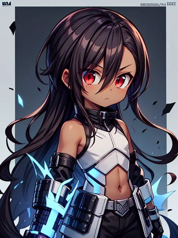 Masterpiece High res, high definition, (((dark skin tone))),dark skin male, dark skin, cute shota,red eyes, dark brown hair, medium dark brown hair,wearing a black exoskeleton, detached sleeves, black armoured Gauntlets, black tech jacket, black bodysuit,black exoskeleton, black fingerless gloves, blue gems, 
