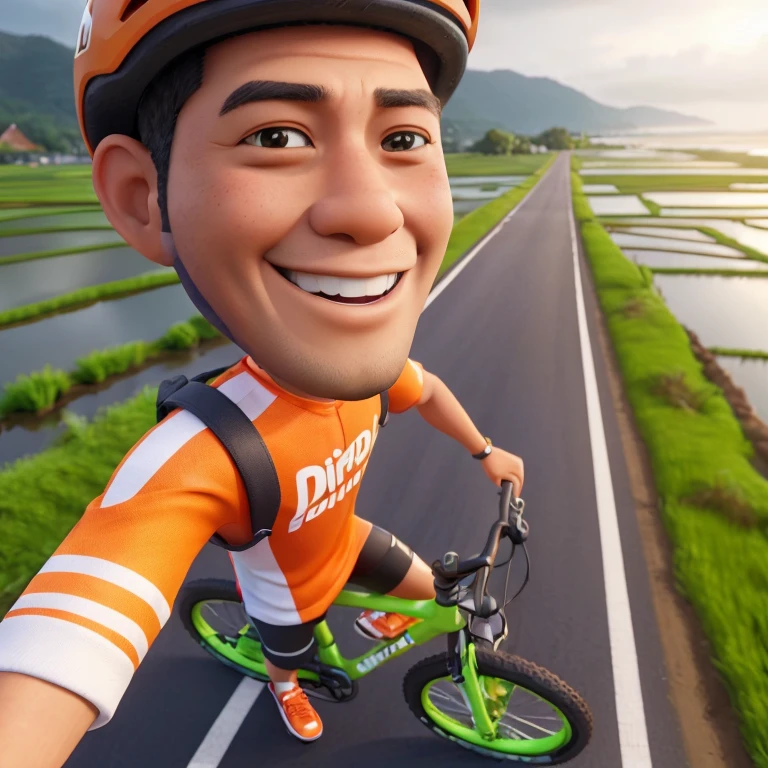 3D realistic caricature of the full body of an Indonesian man, smiling broadly, clean oval face without mustache and beard, under cut hair, big helmet, orange and white striped mountain bike jersey with text "DINDA SPORTSWEAR", orange sports shoes, neon green-white bicycle. Create this character pedaling a bicycle and one big hand waving to viewers. background plain country road, rice field, beach and mountains. in panoramic view, dutch angel, rule of third objects