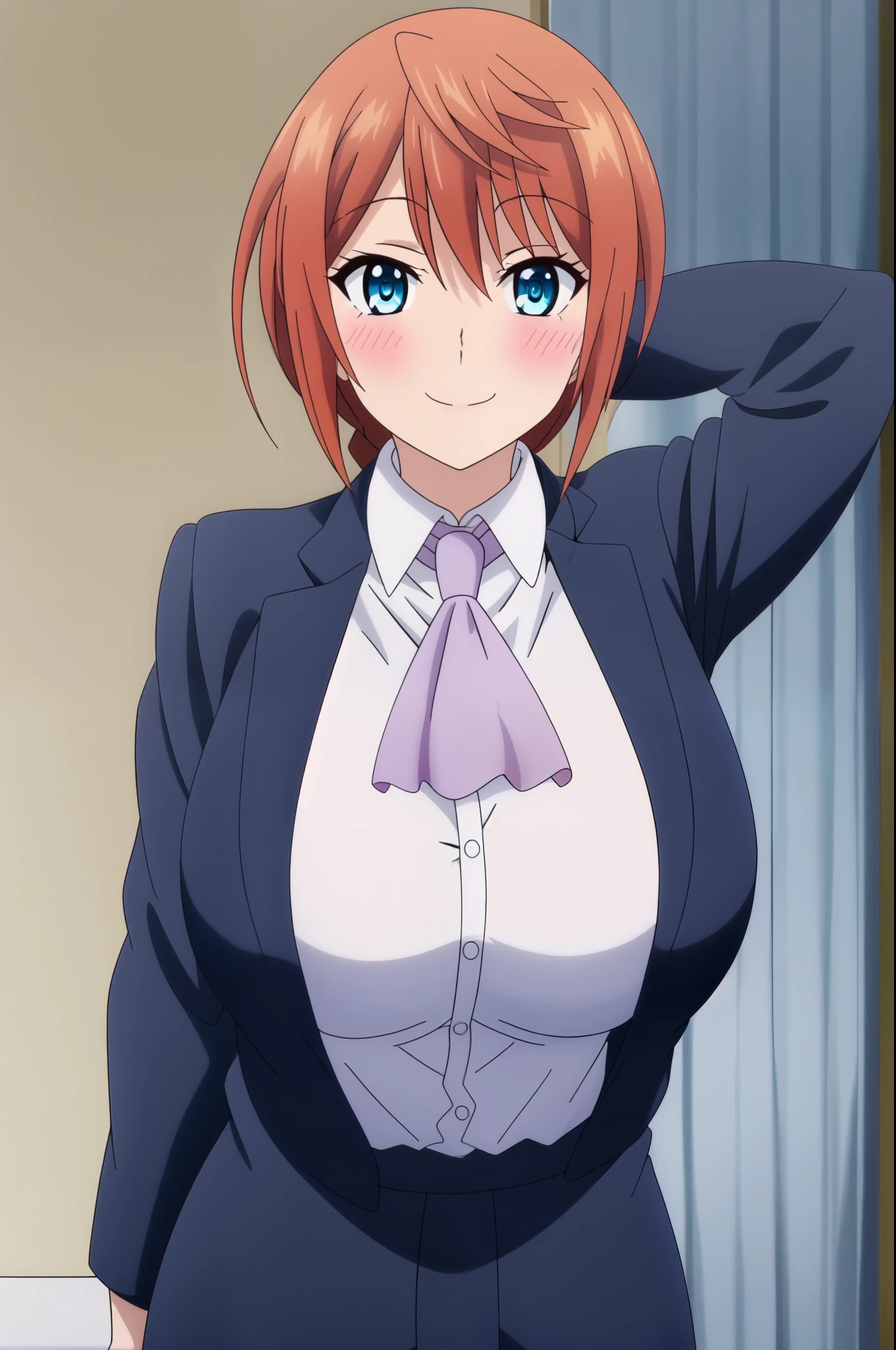 1girl, solo, long hair, looking at viewer, blush, smile, huge breasts, orange hair, blue eyes, shirt, opened jacket,  jacket, ponytail, ascot, UPPER BODY
