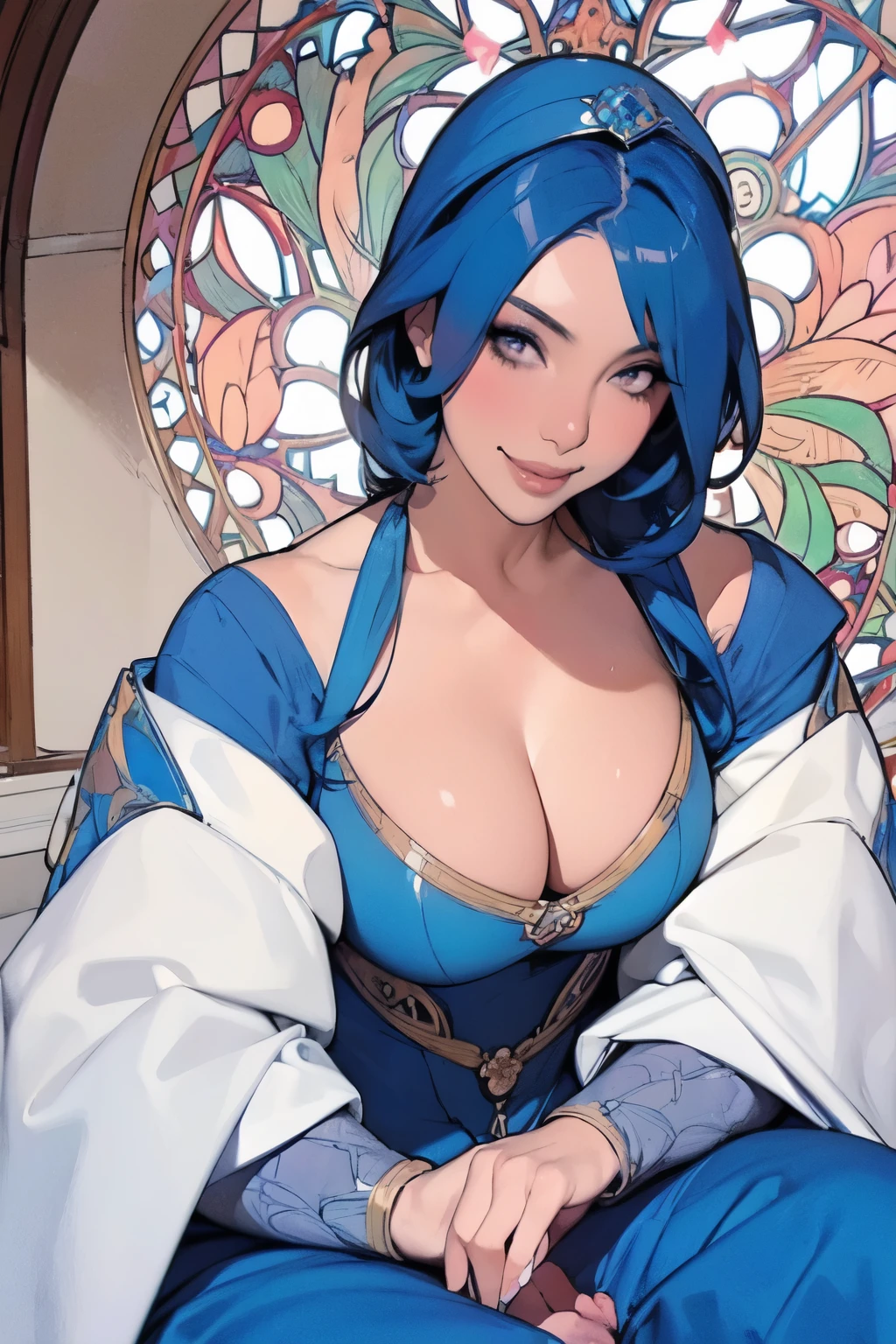 Big-breasted girl with a full view of her pussy,Sexy poses,Arcaniic smile,blue hair,background white,(Medieval),(Mucha in the background)