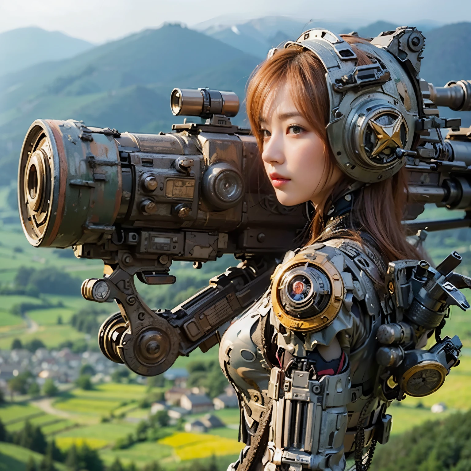 (masterpiece, best quality:1.2), (8k uhd, 16k, 32k, ultra high res), (photorealistic:1.37), (RAW photo), ultimate-realistic, ultimate-realistic details, ultimate-realistic texture, ultimate-intricate details, ultimate-realistic lighting, ultimate-realistic shadow, japanese girl, ultimate-cute face, ultimate-RAW skin, ultimate-realistic eyes, woman in powered suit, cannon mounted on shoulder, very cute face, mechanical, extremely intricate details, full body shot, ultimate photorealistic, clear stream