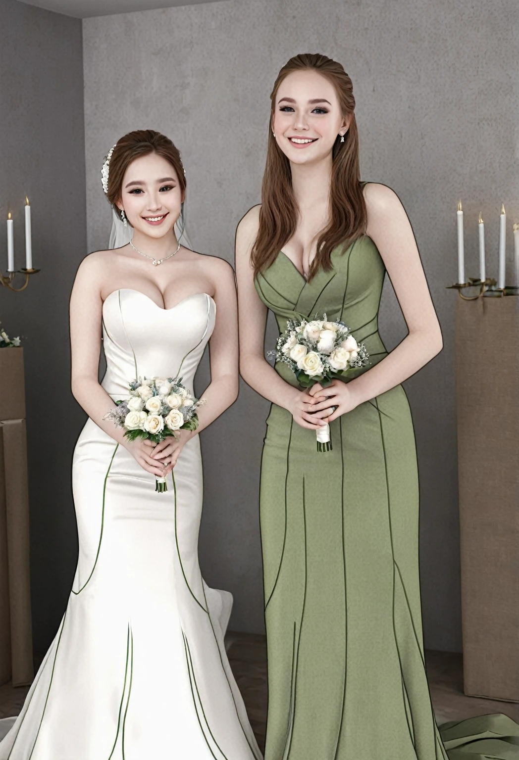 ((Realistic)), masterpiece, (2 extremely attractive young sisters in tight revealing wedding dresses), very curvy anatomy, , (((large breasts))), happy, blushing,