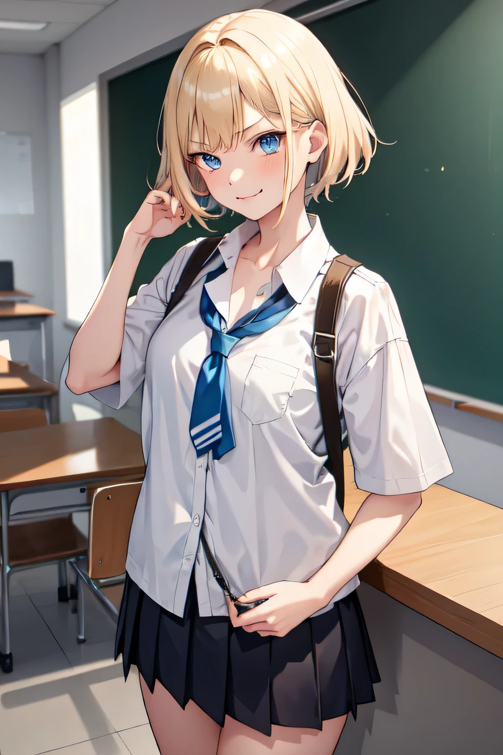 1girl,18y.o,blue eyes,blonde hair,mullet haircut,short hair,senior highschool outfit,medium size,classroom background,an annoyed smile