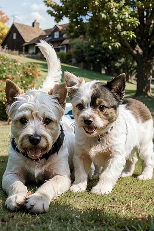 white terrier playing in the grass with his black cat friend, on a sunny autumn day
