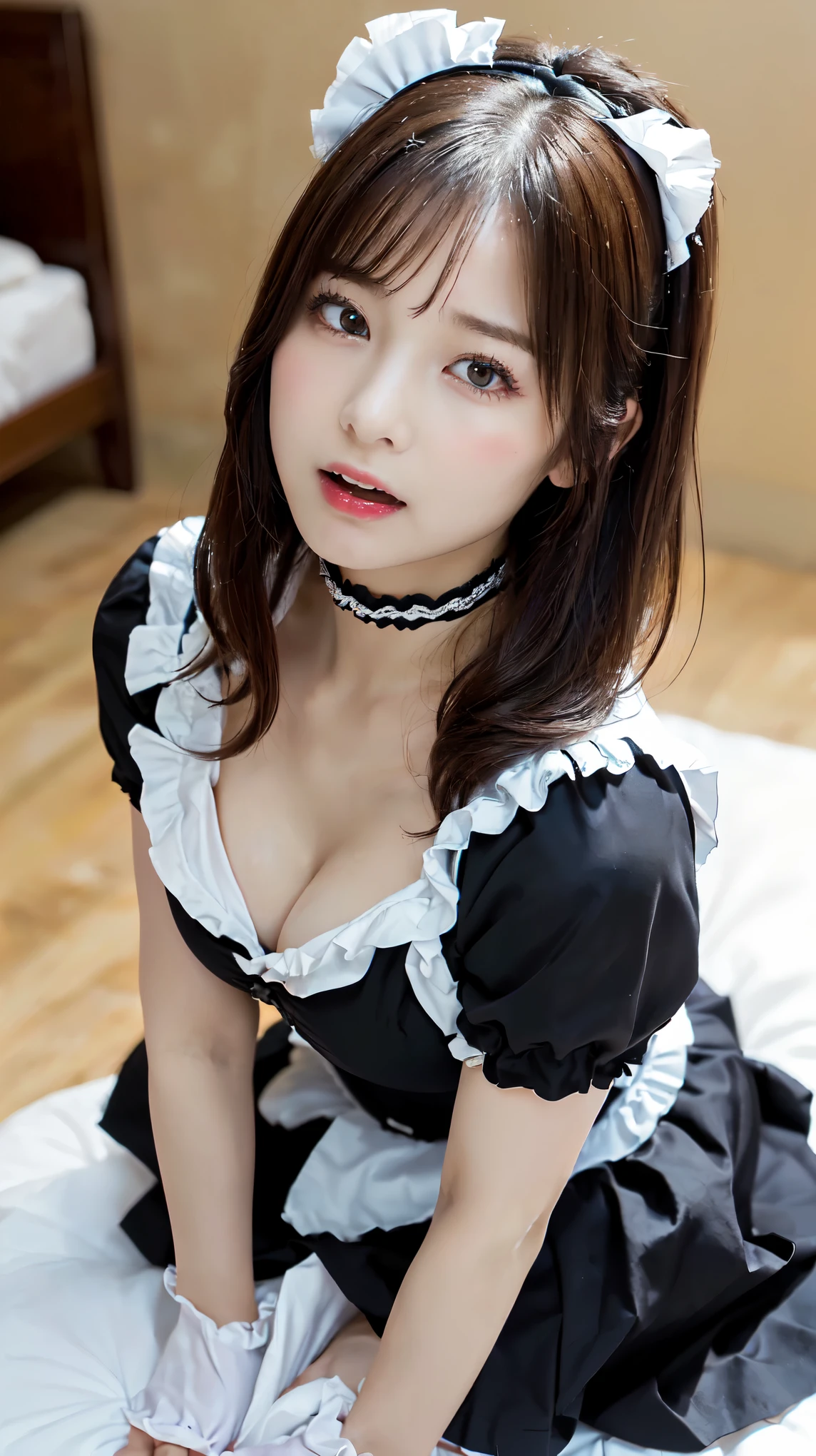 In a hotel room, 18-year-old, Gothic Maid, On the bed, ((On all fours、Insert、Deep joy、Ecstatic eyes:1.2),(Side view:1.5), Despair, ((Gasping hard:1.2))、Ecstatic face、Natural Makeup, Moist eyes、?????? expression、look up、Staring at the ceiling、My whole body is convulsing, Maid Choker, 巨大なCleavage、Thighs, Gothic Lolita Fashion, Frilled Skirt、Glowing Skin、Cleavage、Lots of frilly socks、Official Art,Highly detailed CG Unity 8k wallpaper, (masterpiece:1.0),(highest quality:1.0), photo shoot, 8k, Browsing Caution, High resolution, Kodak Portrait 400, Film Grain, Lens flare brilliance,View your viewers, Top view、View Viewer
