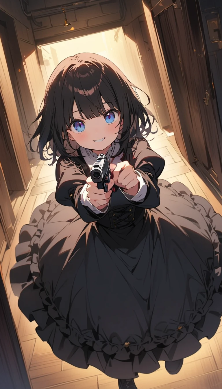 1 beautiful girl、Rin々A funny expression、(black victorian dress:1.4、Formal wear)、(Jewelry decoration)、(familiar:1.2)、(Holding a handgun in both hands、Dual pistols:1.6)、Action pose、Cool pose、Low waist posture、Complex skirt、steampunk、Full Body, (highest quality、masterpiece、High resolution、detailed)、animeスタイル、Flat Style、High saturation、(Beautiful Eyes, Delicate and beautiful face, ),extremely detailed、(The Shining), Best lighting, Best Shadow、Dynamic Angle、anime