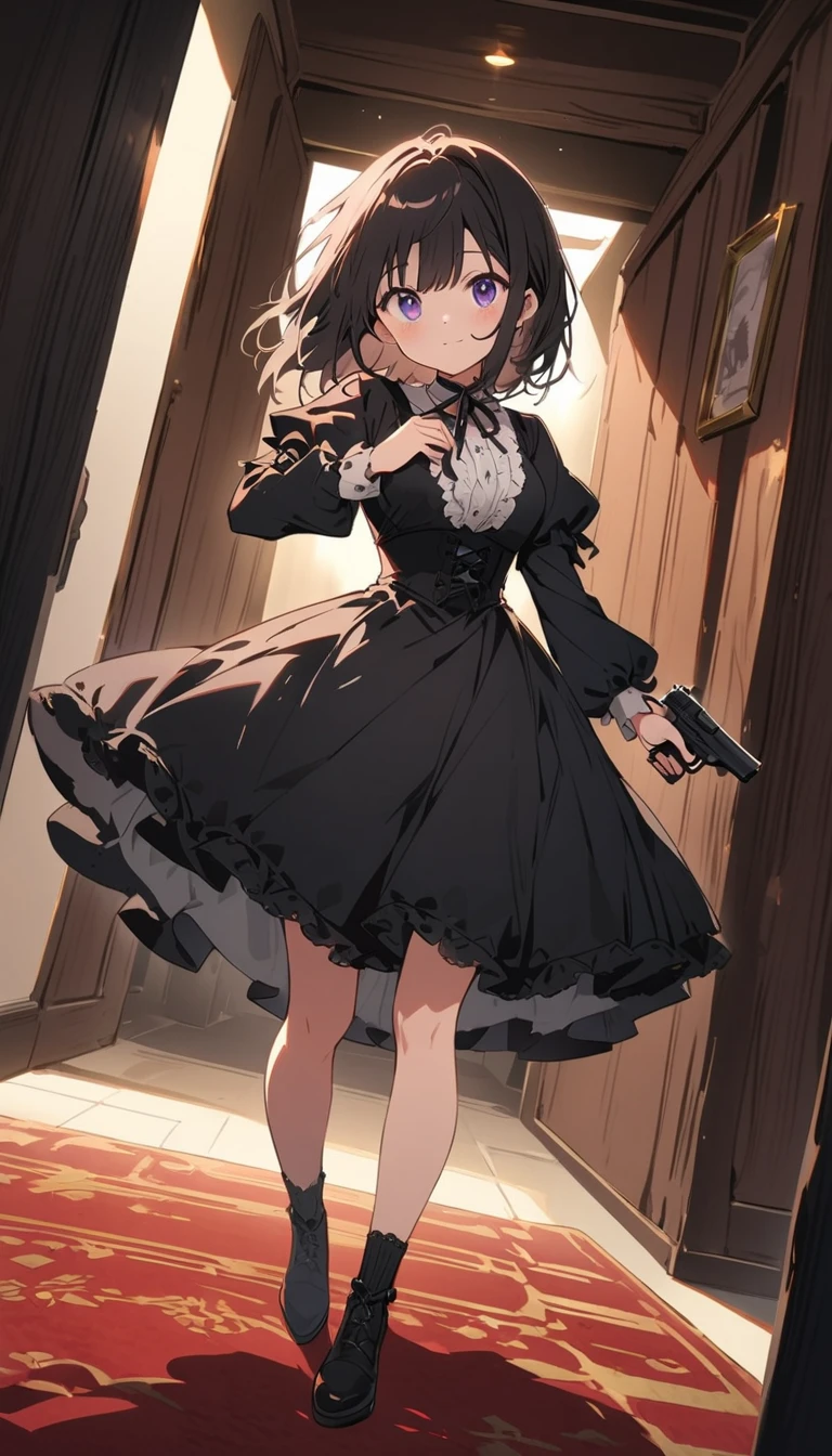 1 beautiful girl、Rin々A funny expression、(black victorian dress:1.4、Formal wear)、(Jewelry decoration)、(familiar:1.2)、(Holding a handgun in both hands、Dual pistols:1.6)、Action pose、Cool pose、Low waist posture、Complex skirt、steampunk、Full Body, (highest quality、masterpiece、High resolution、detailed)、animeスタイル、Flat Style、High saturation、(Beautiful Eyes, Delicate and beautiful face, ),extremely detailed、(The Shining), Best lighting, Best Shadow、Dynamic Angle、anime