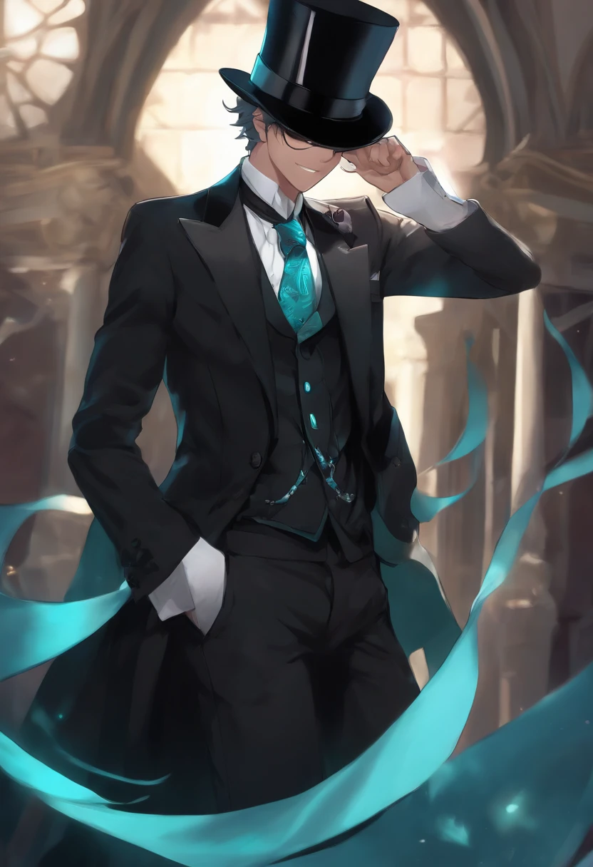 1boy, solo, kurofuku, necktie, male focus, black suit, upper body, black pants,inky body,cyan eye,grin, wearing a top hat, mystery being, sunglasses, cloak