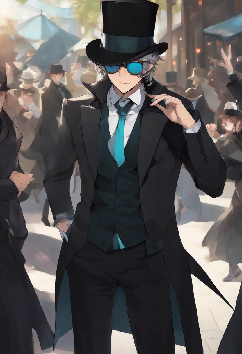 1boy, solo, kurofuku, necktie, male focus, black suit, upper body, black pants,inky body,cyan eye,grin, wearing a top hat, mystery being, sunglasses, cloak