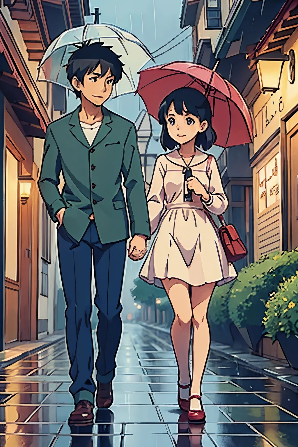 Classic romantic scenes with originality, protagonists sharing an umbrella on a rainy day, exchanging love letters, in high quality comic anime manga style, Ghibli Anime style, hand-drawn.