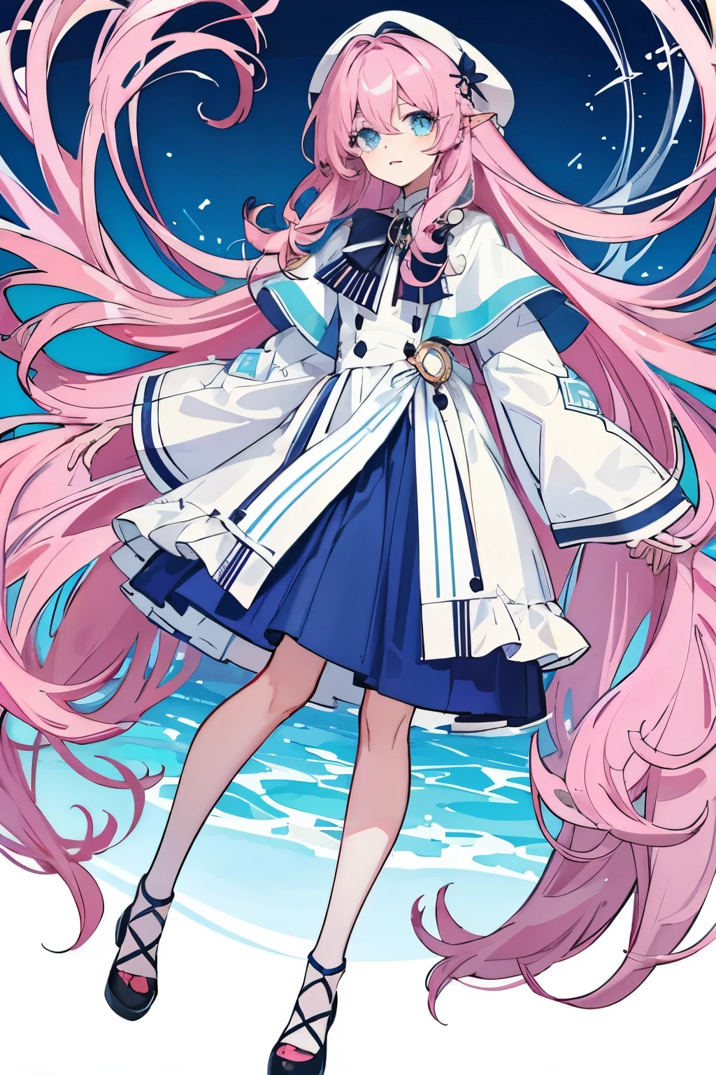 Long light pink slightly curly hair,light blue eyes,elf ears, bordered full body portrait