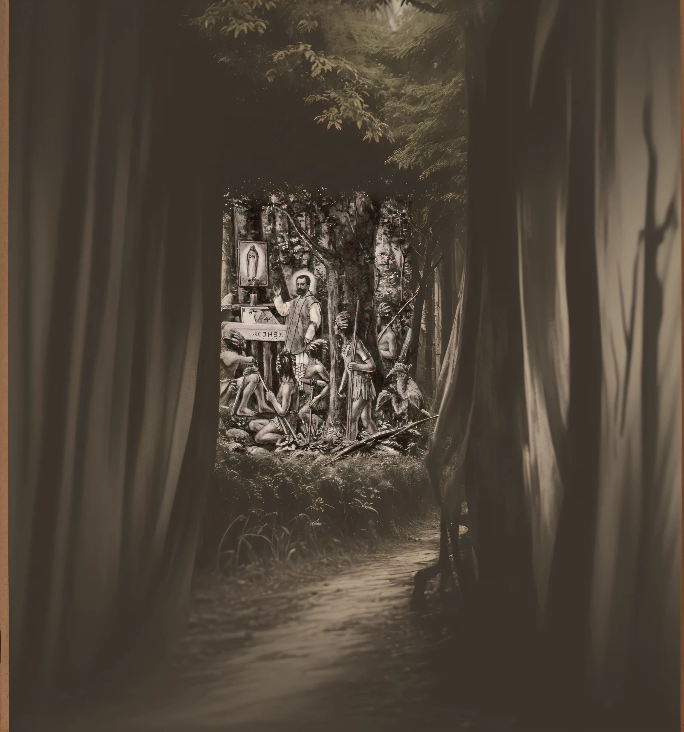 um desenho de um homem parado na floresta com uma espada, historical image, ritual em uma floresta, historical photo, historical image, artistic representation, 19th century wood-engraving, ritual da floresta, historical photograph, henrique alvim corrêa, por Ivan Meštrović, Artist Representation, por Robert Berény