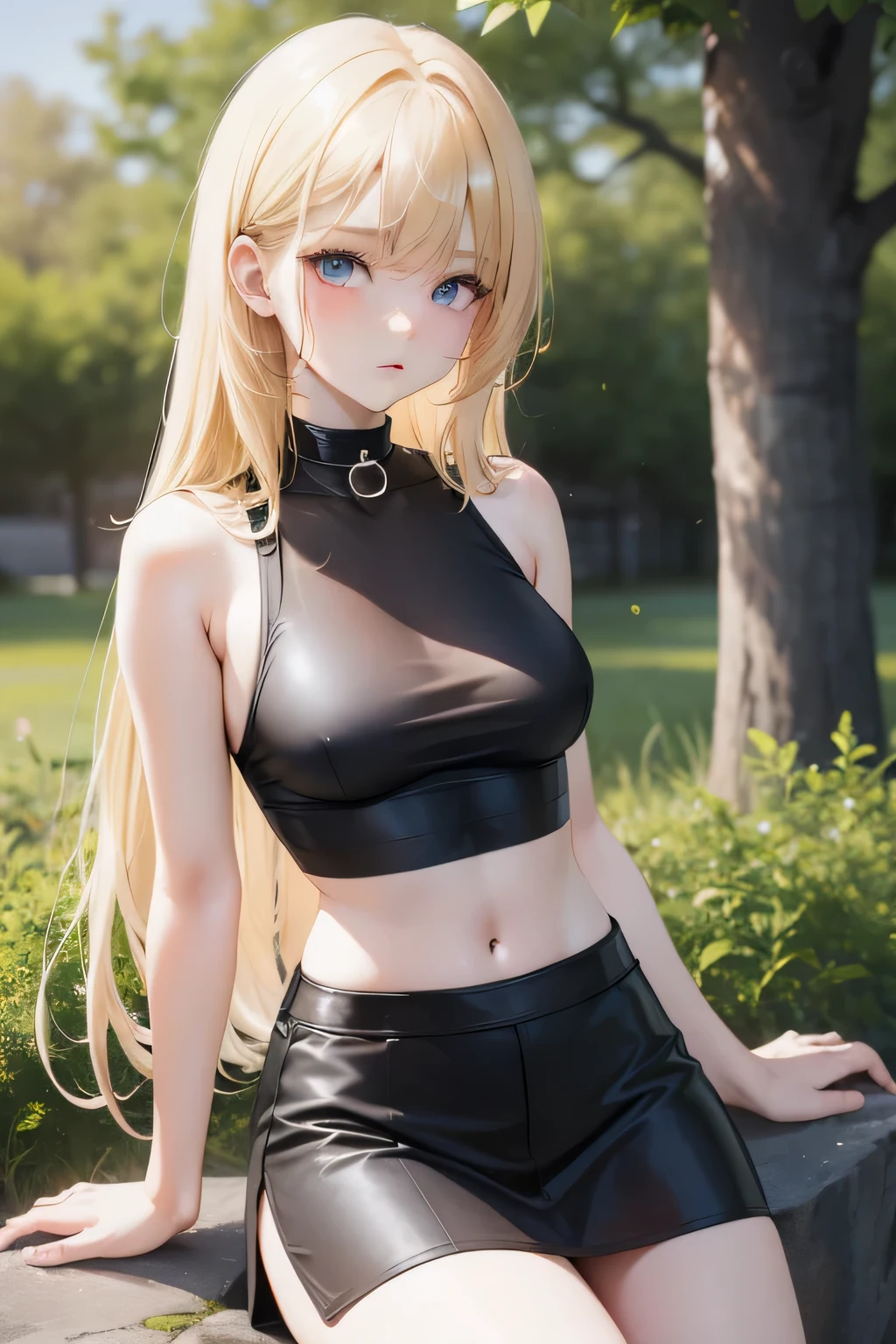 (Realistic painting style:1.0), Masterpiece, Best quality, absurderes, comic strip, illustration,
1 girl, Long hair, Cute girl, young and cute girl, Korean girl, {Breasts}, Hana,
A girl in a black dress sits on a rock next to a tree, wearing sexy cropped top, wearing crop top and miniskirt, Black top, wearing a black cropped tank top, Black skirt, a black choker,
Blonde, Blonde hair, blond hairbl,