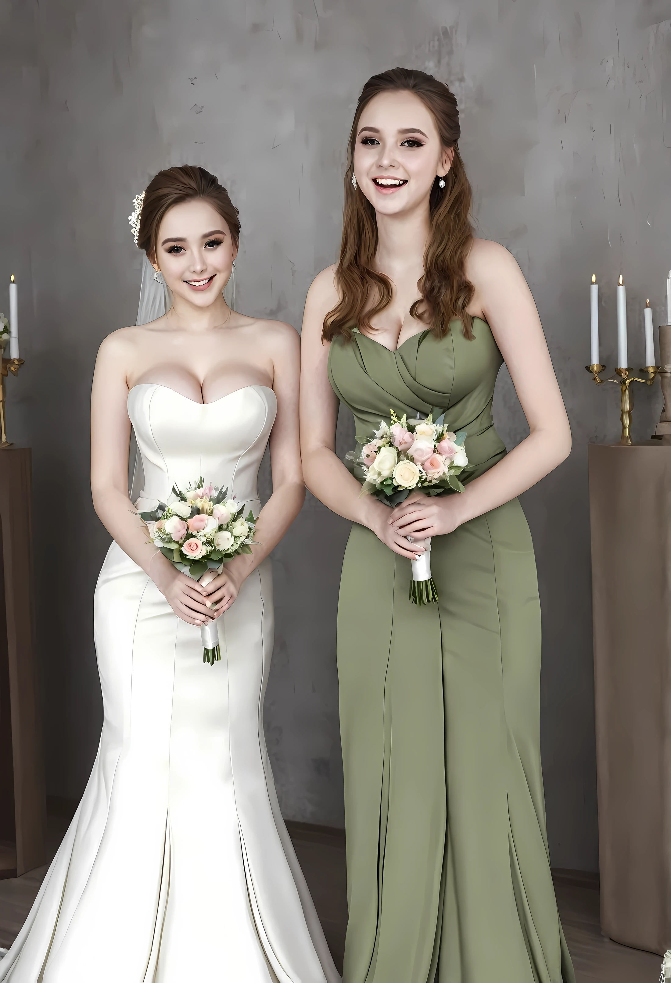 ((Realistic)), masterpiece, (2 extremely attractive young sisters in tight revealing wedding dresses), very curvy anatomy, , (((large breasts))), happy, blushing,