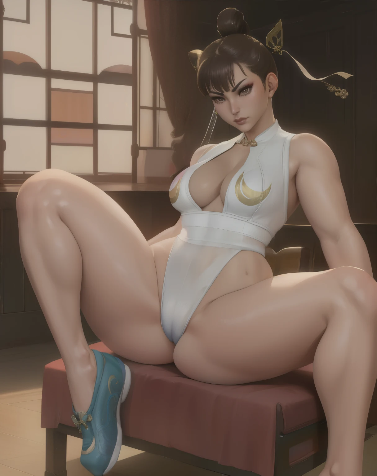 chun li, street fighters, brown hair, brown eyes,  double bun, bimbo lips, hair ribbon,  
pelvic curtain,  bangles,  cleavage,  shoes, 
thick thighs,  leg up, wearing dark blue qipao, large behind, perfect body, sitting on chair,
morning,  temple,  indoors, 
(insanely detailed, beautiful detailed face,beautiful detailed eyes, masterpiece, best quality) , solo, big ass, thick thighs, wide hips, dark blue qipao, (chun li), thong,
