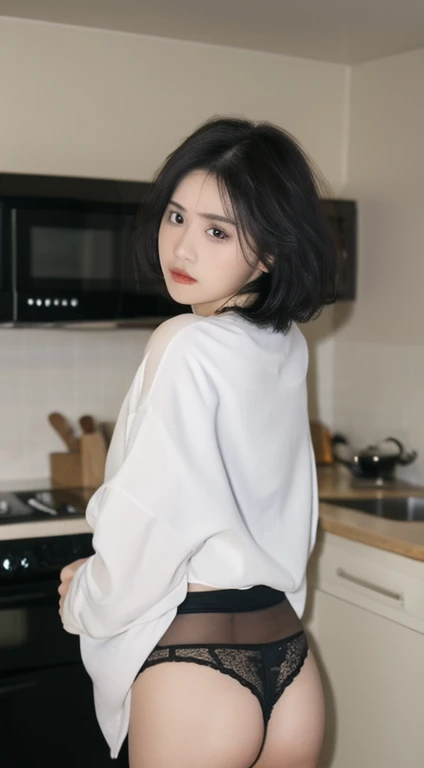 ((highest quality、8k、masterpiece:1.3))、concentrated:1.2、Perfect body beauty:1.4、street、Highly detailed face and skin texture、White skin、short hair,whole body, Seductive poses、Fishnet tights、On all fours、Show your ass、Sexy shot from behind、Very large breasts、Big White Ass、Wearing white sheer underwear, The areola is visible、Show your genitals、(Very beautiful short black hair), Very cute face like the most popular Japanese idol, ((Very beautiful big black eyes)), Very beautiful lips, Very beautiful skin),kitchen