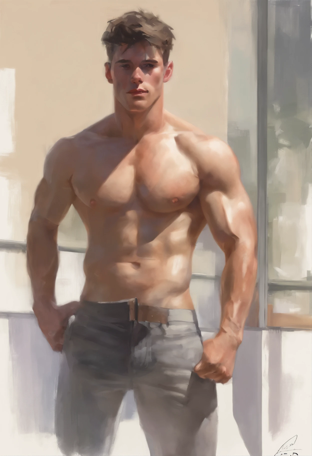 sketch, 20 yo male figure study, young muscle-bound jock, standing, full stocky body, completely naked, totally , , sans clothing, au natural, covering crotch with a white towel, bare butt, crowded gym shower with spraying showers and showering men in background, pastels, by harry bush, James Montgomery Flagg and Lois van Baarle and jim french and rossdraws, detailed realistic eyes, big bare feet, large bulge in crotch, very handsome, beautiful