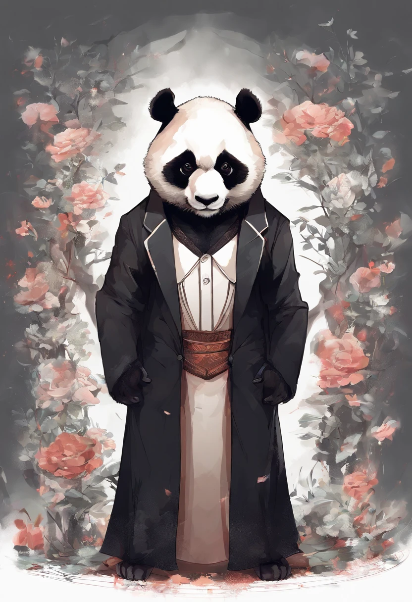 anthropomorphic panda, de cuerpo entero, vestido formalmente con un blazer, sostiene una bandeja, pegatina de panda, sticker de panda.