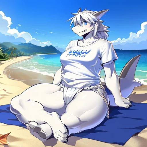 hi res,(((shark, finless shark))), (((not furry))), anthro, ((((((hair(head))))))), aqua blue eyes, ((((((( rokushaku fundoshi, ))))))), (((( female, anthro, female, Overweight)))), female, anthro, female, slim, Skinny, tail, adults, mature, (((SFW))), ((((((((solo)))))))), (((((((((((((female))))))))))))), ((((((sitting on the beach with legs open)))))), arms behind back, outside, plant, light blue body, sea, tree, (water), detailed background,by milkytiger1145,by takemoto arashi,by null-ghost, cold atmosphere, open smile, soft blue blush, single fin, ((((((((wearing white tshirts, clop tshirts)))))))), ((((((juicy thighs,  thighs, thick thighs, thick calves, wide hips, wide pelvis, curvy figure, volu\ptu\ous figure, both feet are close together., \hourglass \figure,, female body)))))), front view