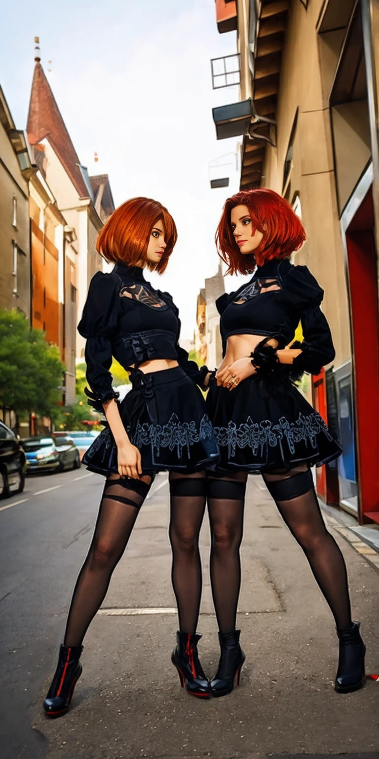 2girls, crop top, miniskirt, red hair, black hair, full body shot, lesbian, romance, clyde caldwell