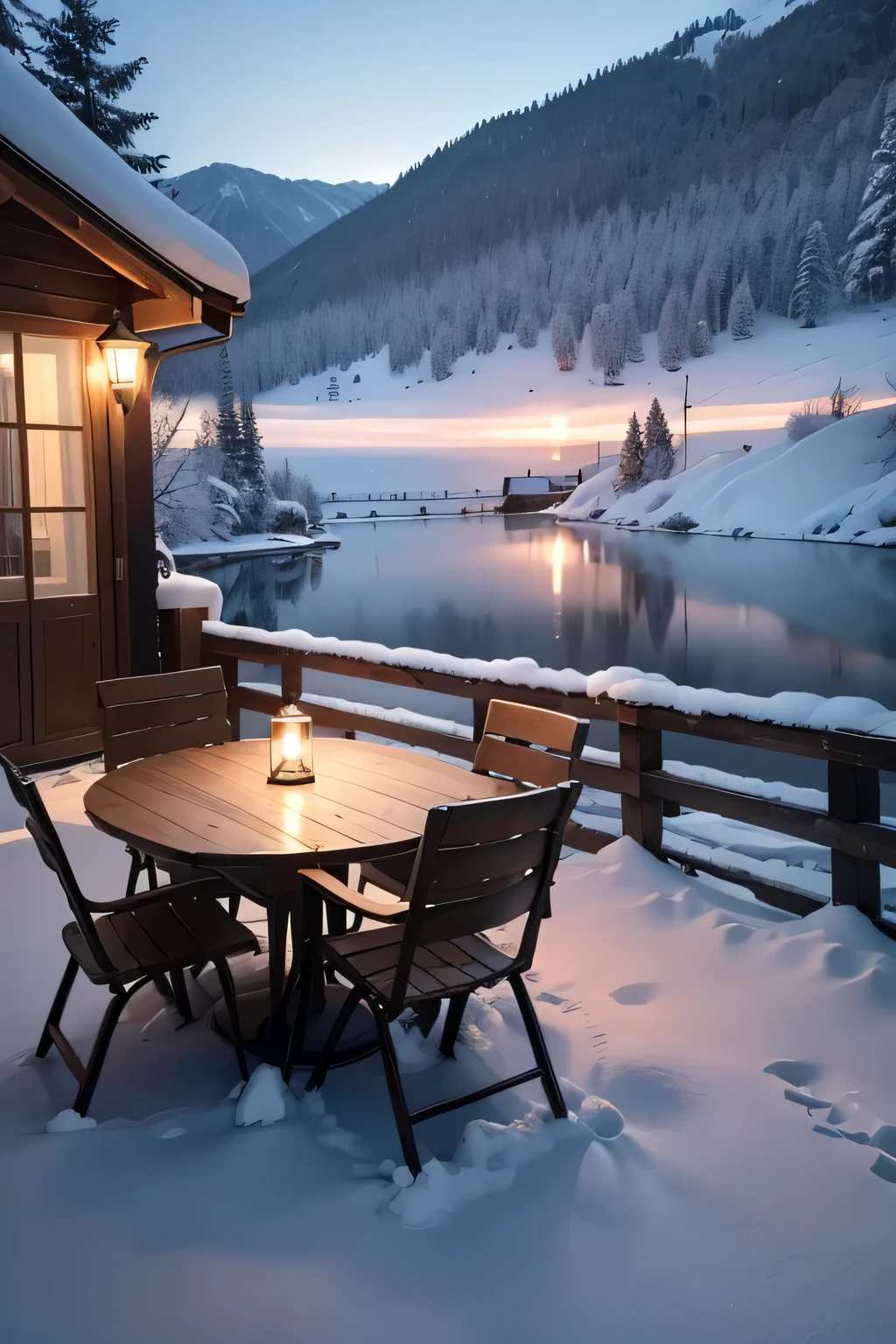 porche arafé avec un foyer, des chaises et une table, beautiful warm scene, cadre hivernal, cadre cosy, enchanted and comfortable scene, Endroit confortable, fond d'comfortable screen, beautiful region of'hiver, beautiful detailed scene, scene of'hiver fantastique, fond de maison confortable, environnement chaleureux, ambiance chaleureuse, heure d'hiver, outdoor landscape'hiver, Cadre du lac d’hiver, ambiance chaleureuse et paisible