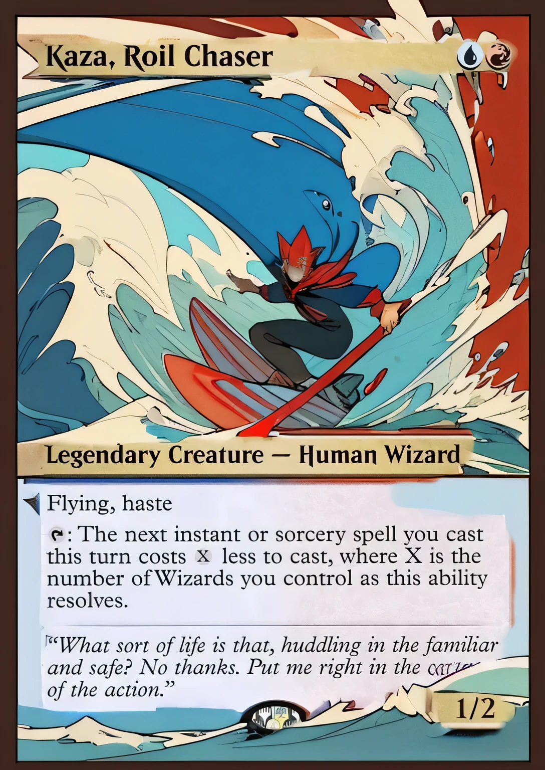Wizard, surfboard, red and blue highlights on border 