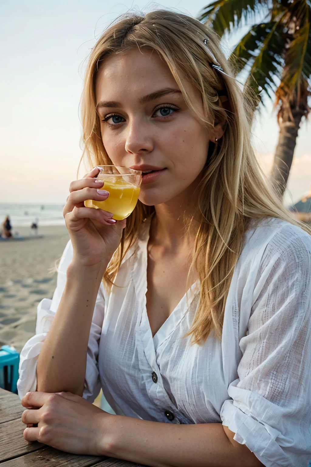 Extremely realistic blonde Russian girl with blonde hair and blue eyes, detailed clothing, calm, peaceful and happy, at the beach, enyoing a drink, portrait, colorful, ambient