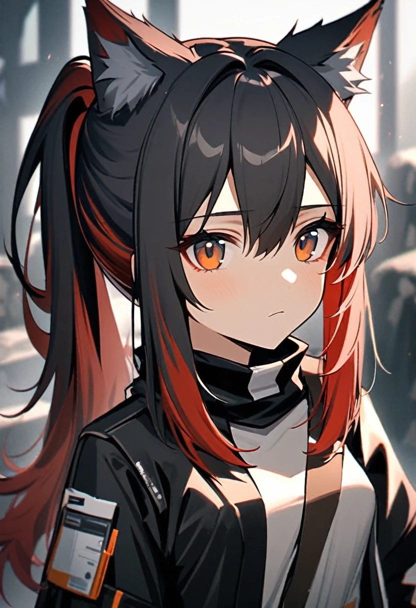 texas (arknights), black ponytail hair, wolf ears, long ponytail hair, wolf ears, bangs, animal ear_fluff, hair between_eyes, multicolored hair, red hair, upper body, two-tone hair, brown eyes, small breast,, , petty, 1girl solo only