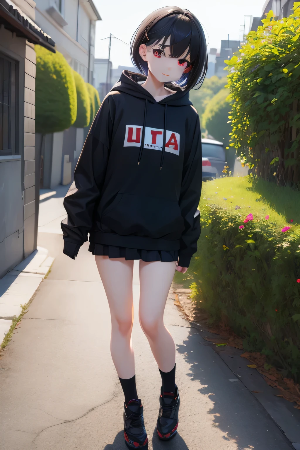 (masterpiece:1.3), (absurdres:1.3), (best quality:1.3), (ultra-detailed:1.3), 1girl, looking at viewer, full body, smile, outdoors, minaid, hair over one eyes, short hair, red eyes, black hoddie, black miniskirt,