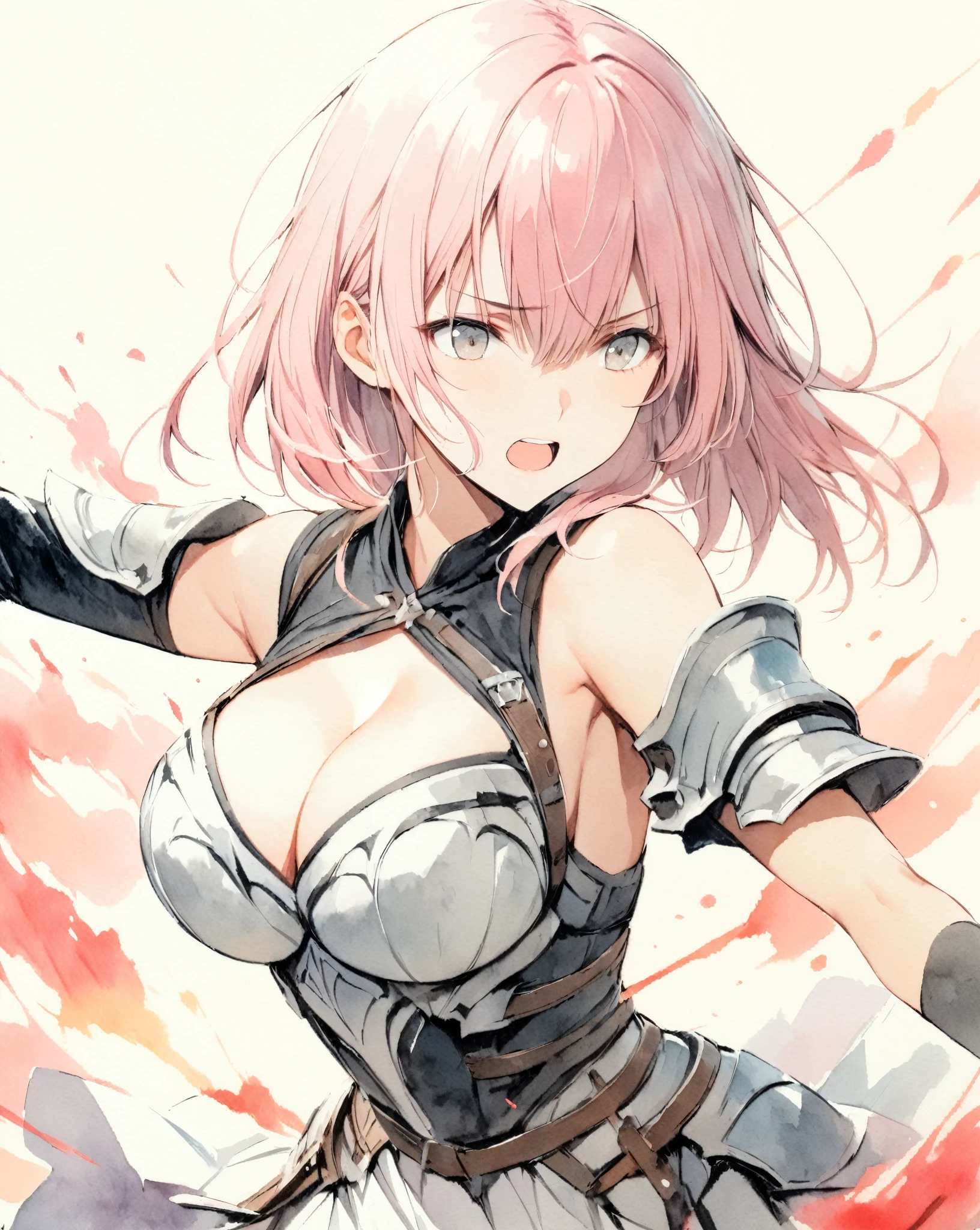 masterpiece, Best quality, watercolor (medium), 1girl, breast, Solitary, Short shoulder-length hair, Cleavage, Black picks dye pink hair, Delicate gray eyes, Bangs, jewelry, skirt, Bare shoulders, sleeveless, Hair between the eyes, 单Scapula, looking at the audience, Fighting Stance, large breast, armor, shoulder armor, sleeveless skirt, Upper Body, Single sleeve, white skirt, Scapula, excited