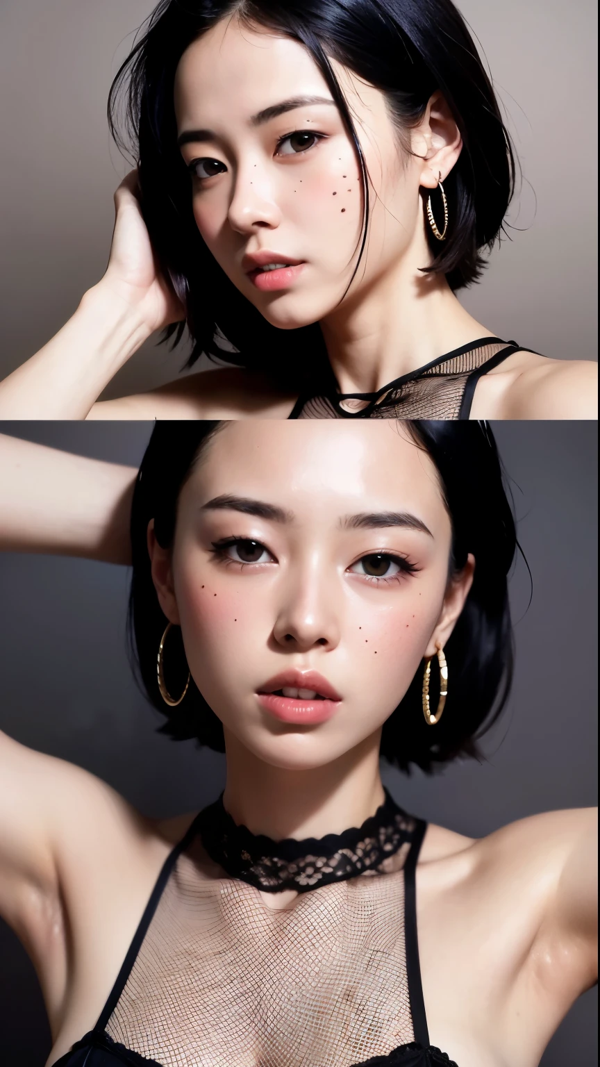 (highest quality, 8k, 32k, masterpiece, Ultra-high resolution:1.2),Beautiful Japanese Women Photos, alone, 1 girl, Glowing Skin, Glittering earrings, glamorous, charm, Expose your shoulders, Sheer silk lace crop top, Tight Skirt, Professional Model, look forward to, Overbyte、Mouth half open、blush:2.5、Large Breasts、((Saggy breasts))、Random hairstyles for short hair、Black Hair、Face close-up、Portraiture、Teeth are visible:1.5、Big Mouth:1.5、Droopy eyes、Round face、Multiple moles、Fair skin、38 years old、Brown eyes、Embarrassed look、、(Chubby),Pulling hair up、I can see the side、Distant eyes、Round Nose