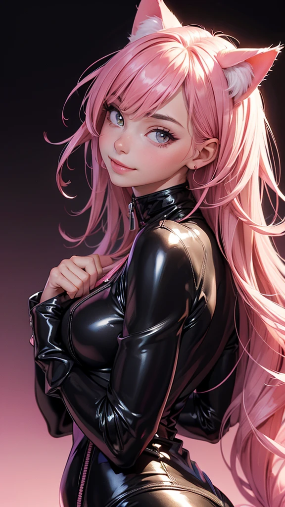 (high resolution, upper body, soft skin:1.2),(best illustration,masterpiece:1.2),ultra-detailed,[(cat ears,black fur,pink inside:1.2),vivid colors,sharp focus,portrait,studio lighting,bokeh, wearing a pink latex jumpsuit unzip to the chest, latex boots, full body portrait, smiling, back turned