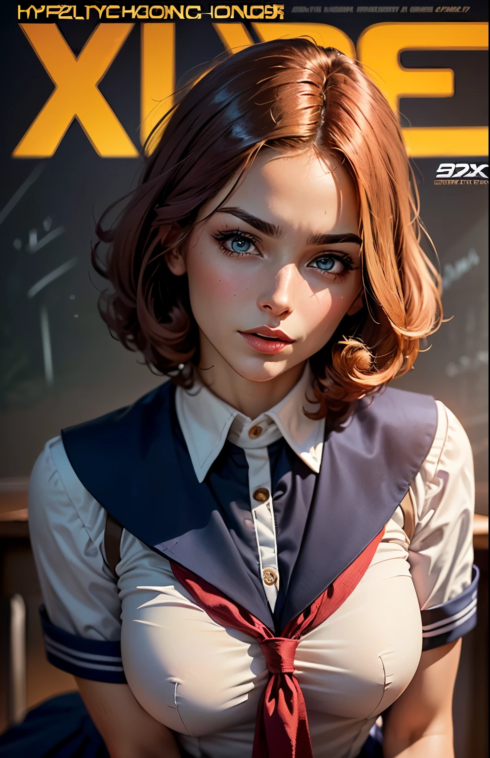 best quality, 8K ,((((dramatic))), hyper detailed ,cover magazine featuring a realistic sexy girl with, a pretty face (looking like Jean Grey), red and white highlight, curly hair, (bob long haircut style), purple eyes,(((sexy school uniform))), XMen uniform, full body portrait