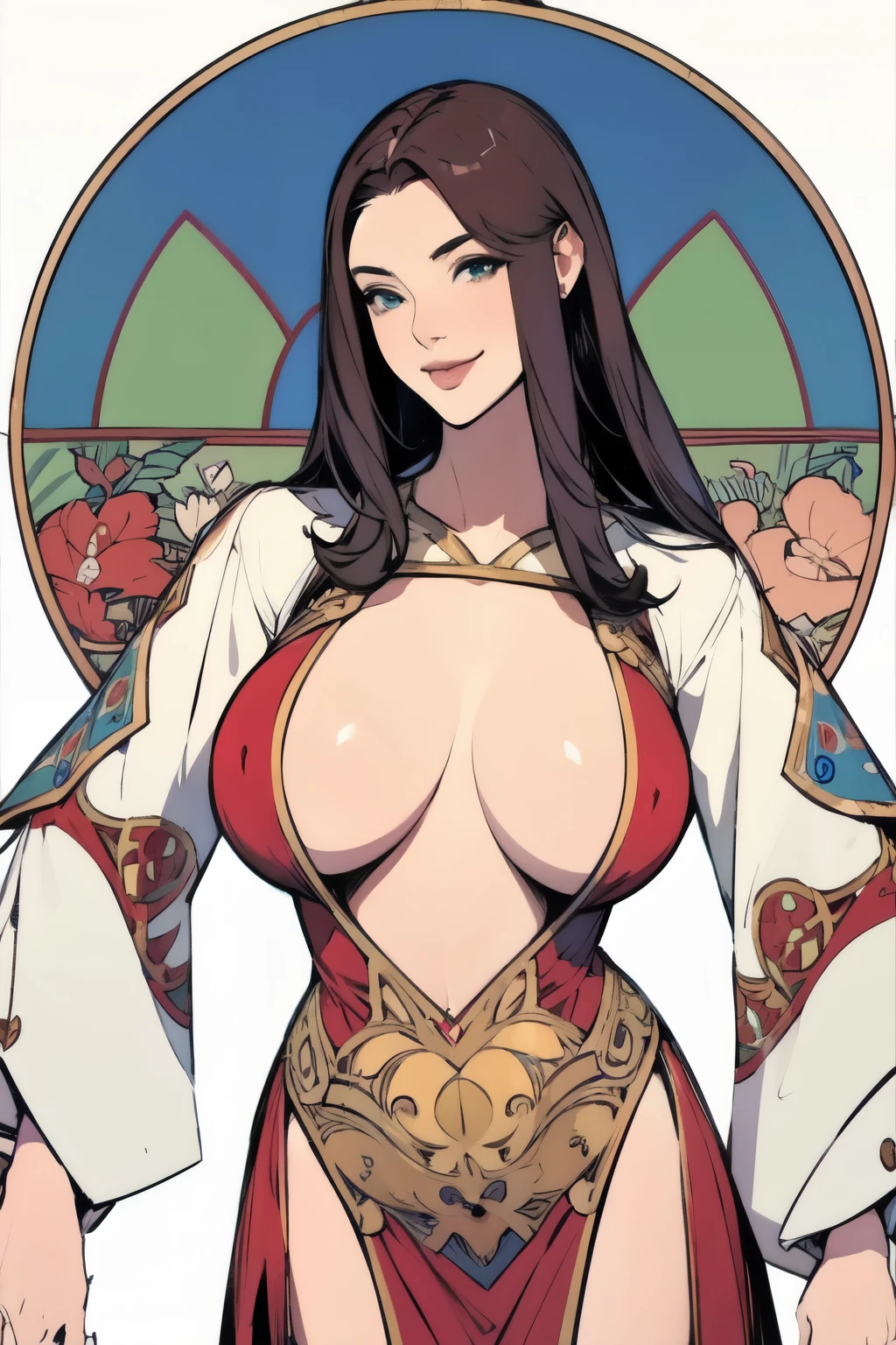 Big-breasted girl with a full view of her pussy,Sexy poses,Arcaniic smile,background white,(Medieval soldier),(Mucha in the background)