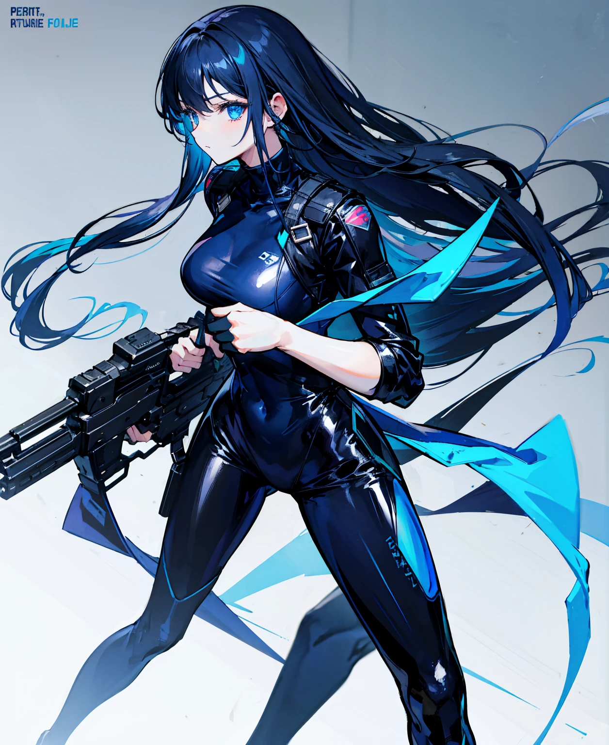 There is no background，girl，Carry a firearm，Patent leather tight suit，Use of firearms，Navy blue long hair，attention arousal，Blue colored eyes,No gradients