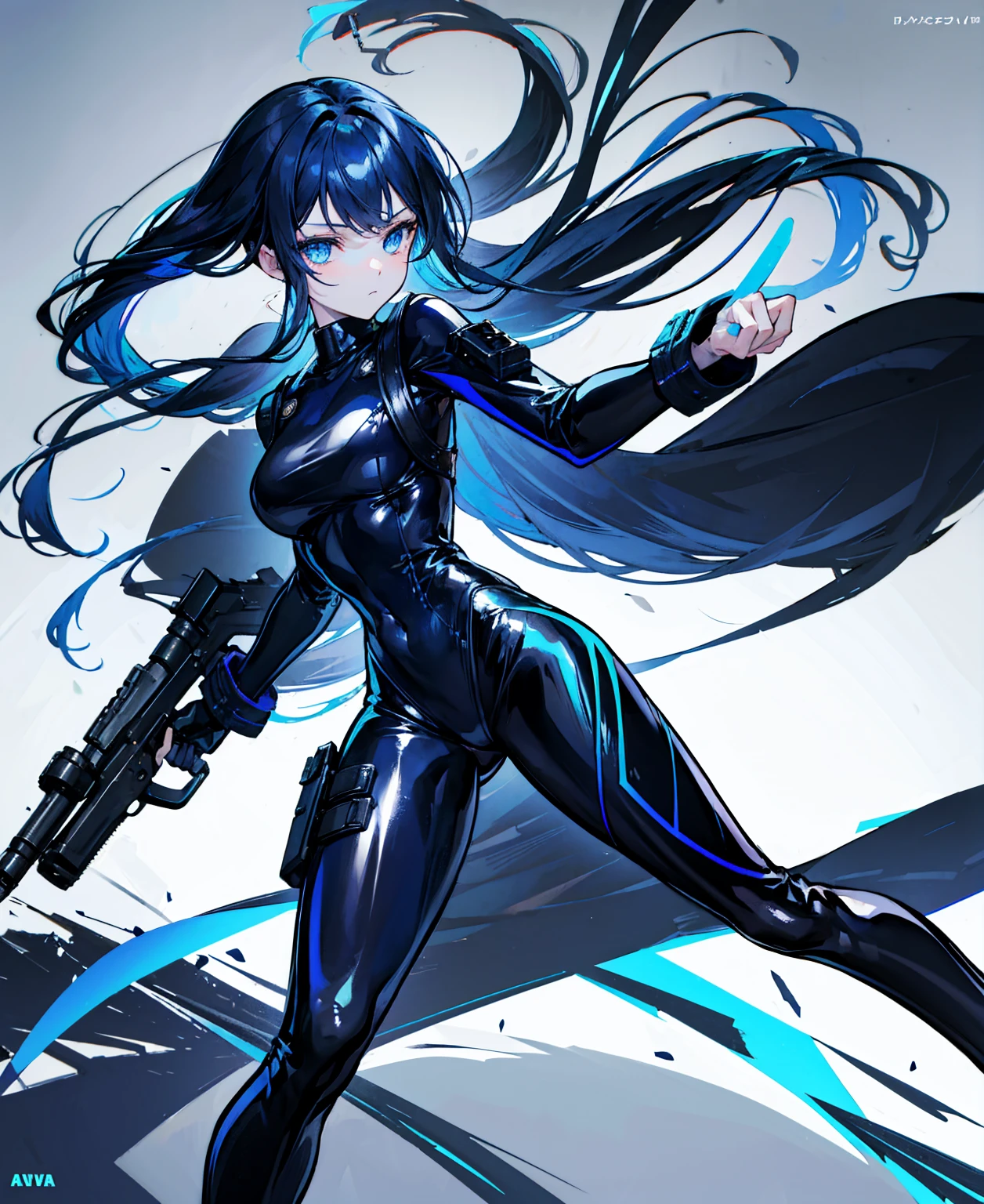 There is no background，girl，Carry a firearm，Patent leather tight suit，Use of firearms，Navy blue long hair，attention arousal，Blue colored eyes,No gradients