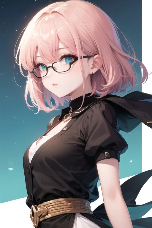 Masterpiece, Beautiful art, professional artist, 8k, Very detailed face, Detailed clothing, detailed fabric, 1 girl, Chiori \(genshin impact\), View from the front, standing, pose sexy, perfectly drawn body, shy expression, pale skin, beautiful face, 4k eyes, very detailed eyes, pink cheeks, glasses, choker:1.6, (white long sleeve button down shirt with white collar), black gloves, gloves that cover hands, (black leather corset), (shiny black leggings), Sensual Lips, show details in the eyes, dark forest, Atmosphere, fog, At night