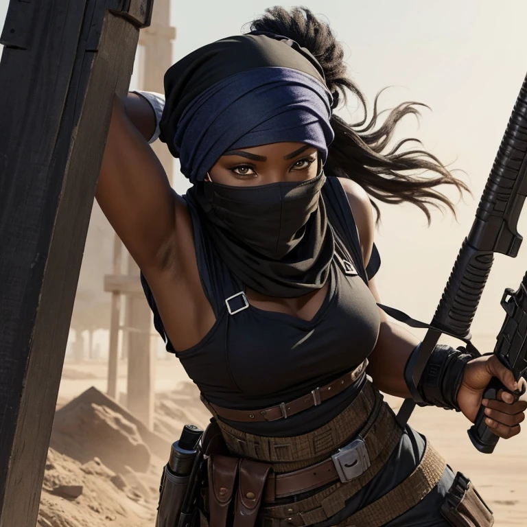 drawing of a black woman, a warrior, with her face hidden by a bandana, who is preparing to carry out an armed robbery, gun in hand