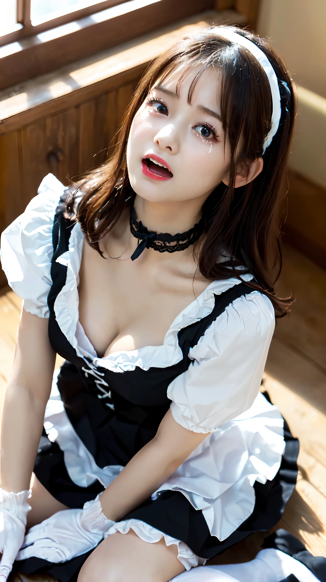 In a hotel room, 18-year-old, Gothic Maid, On the bed, ((On all fours、Insert、Deep joy、Ecstatic eyes:1.2),(Side view:1.5), Despair, ((Gasping hard:1.2))、Ecstatic face、Natural Makeup, I am going to cry、Climax expression、look up、Staring at the ceiling、My whole body is convulsing, Maid Choker, 巨大なCleavage、Thighs, Gothic Lolita Fashion, Frilled Skirt、Glowing Skin、Cleavage、Lots of frilly socks、Official Art,Highly detailed CG Unity 8k wallpaper, (masterpiece:1.0),(highest quality:1.0), photo shoot, 8k, Browsing Caution, High resolution, Kodak Portrait 400, Film Grain, Lens flare brilliance,View your viewers, Top view