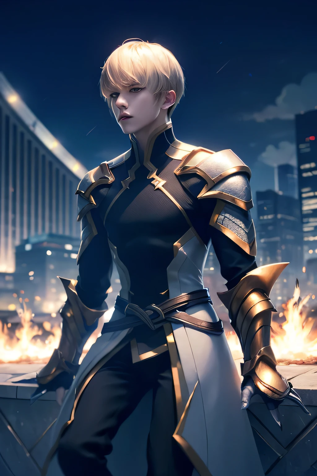 (masterpiece),((ultra-detailed)), (highly detailed CG illustration),(expressionless), (best quality:1.2),(1girl:1.2), enzo, solo, looking at viewer, short hair, bangs, blunt bangs, blue eyes, blonde hair, gloves, 1boy, male focus, armor, shoulder armor, (blood), fire, blood on face, gloves, black gloves, belt, boots, armored boots, gauntlets, pants, black pants, coat, white coat, dual wielding,  outdoors, sky, star (sky), city background, night, realistic, sitting,