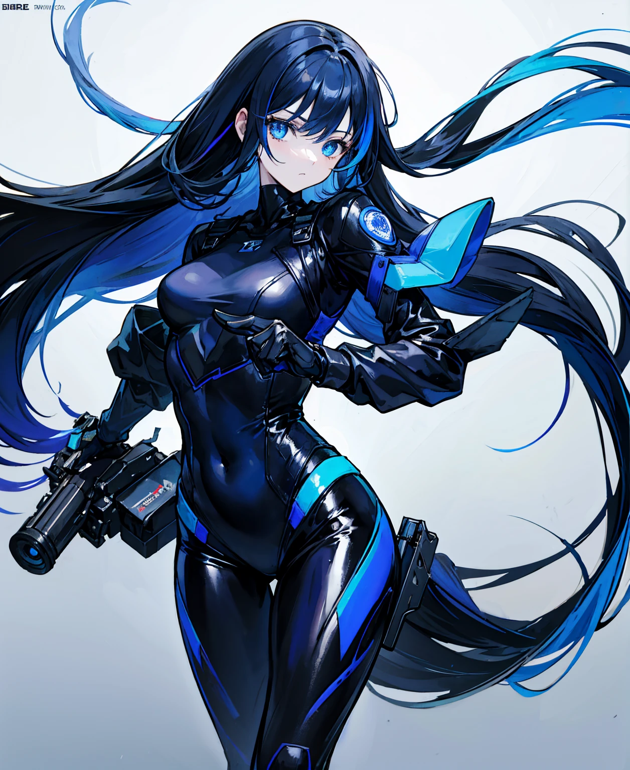 There is no background,girl,Carry a firearm,Patent leather tight suit,Use of firearms,Navy blue long hair,attention arousal,Blue colored eyes,No gradients