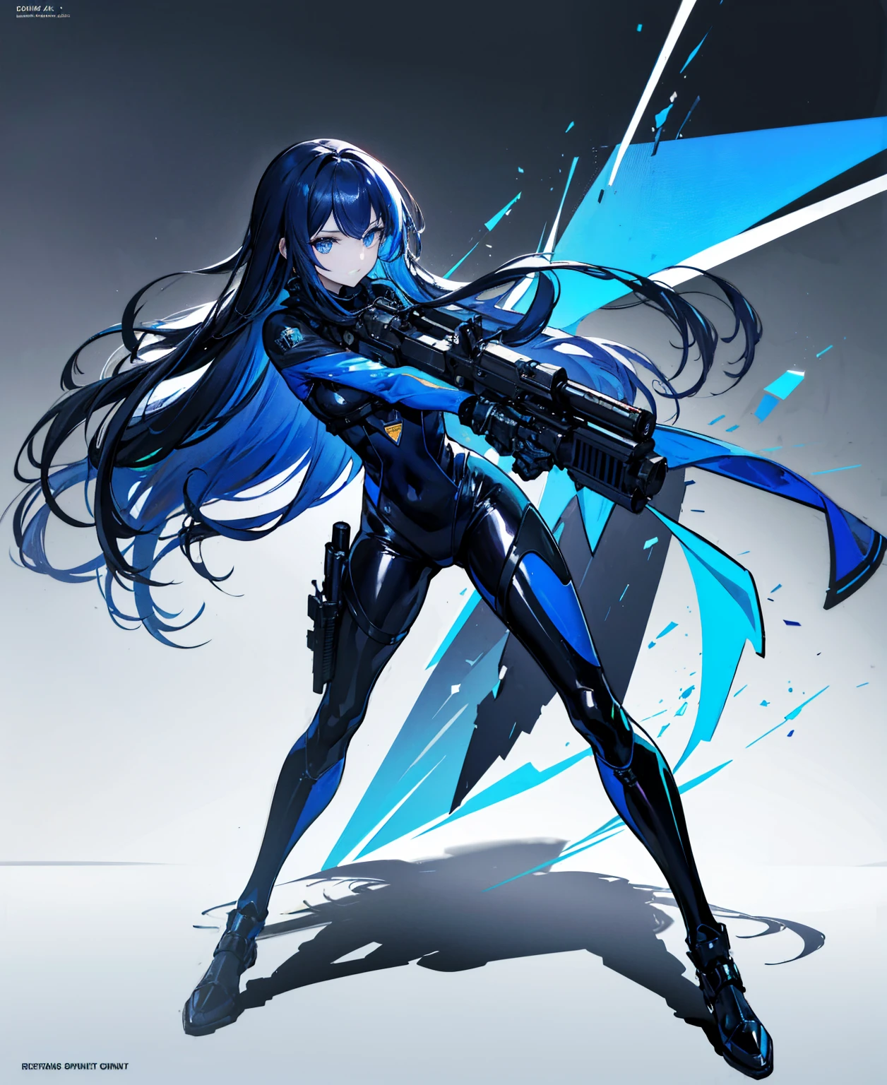 There is no background，girl，Carry a firearm，Patent leather tight suit，Use of firearms，Navy blue long hair，attention arousal，Blue colored eyes,No gradients