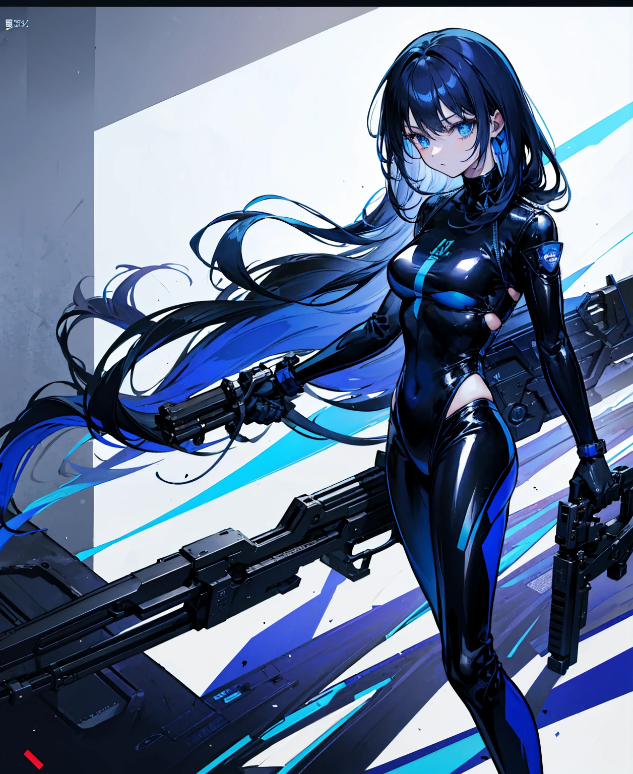 There is no background,girl,Carry a firearm,Patent leather tight suit,Use of firearms,Navy blue long hair,attention arousal,Blue colored eyes,No gradients
