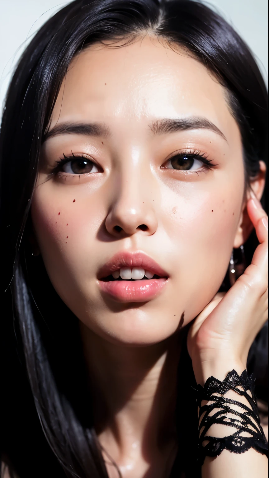 (highest quality, 8k, 32k, masterpiece, Ultra-high resolution:1.2),Beautiful Japanese Women Photos, alone, 1 girl, Glowing Skin, Glittering earrings, glamorous, charm, Expose your shoulders, Sheer silk lace crop top, Tight Skirt, Professional Model, look forward to, Overbyte、Mouth half open、blush:2.5、Large Breasts、((Saggy breasts))、Random hairstyles for short hair、Black Hair、Face close-up、Portraiture、Teeth are visible:1.5、Big Mouth:1.5、Droopy eyes、Round face、Multiple moles、Fair skin、38 years old、Brown eyes、Embarrassed look、、(Chubby),Pulling hair up、I can see the side、Distant eyes、Round Nose