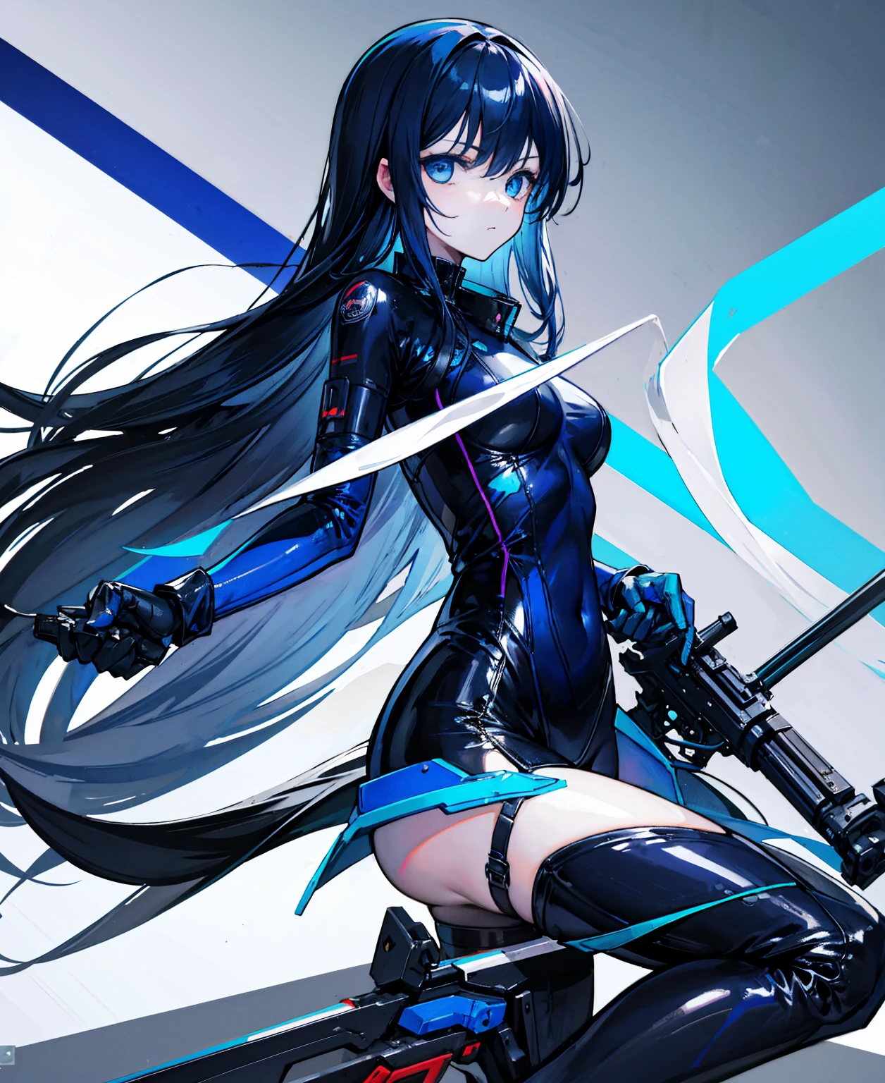 There is no background，girl，Carry a firearm，Patent leather tight suit，Use of firearms，Navy blue long hair，attention arousal，Blue colored eyes,No gradients