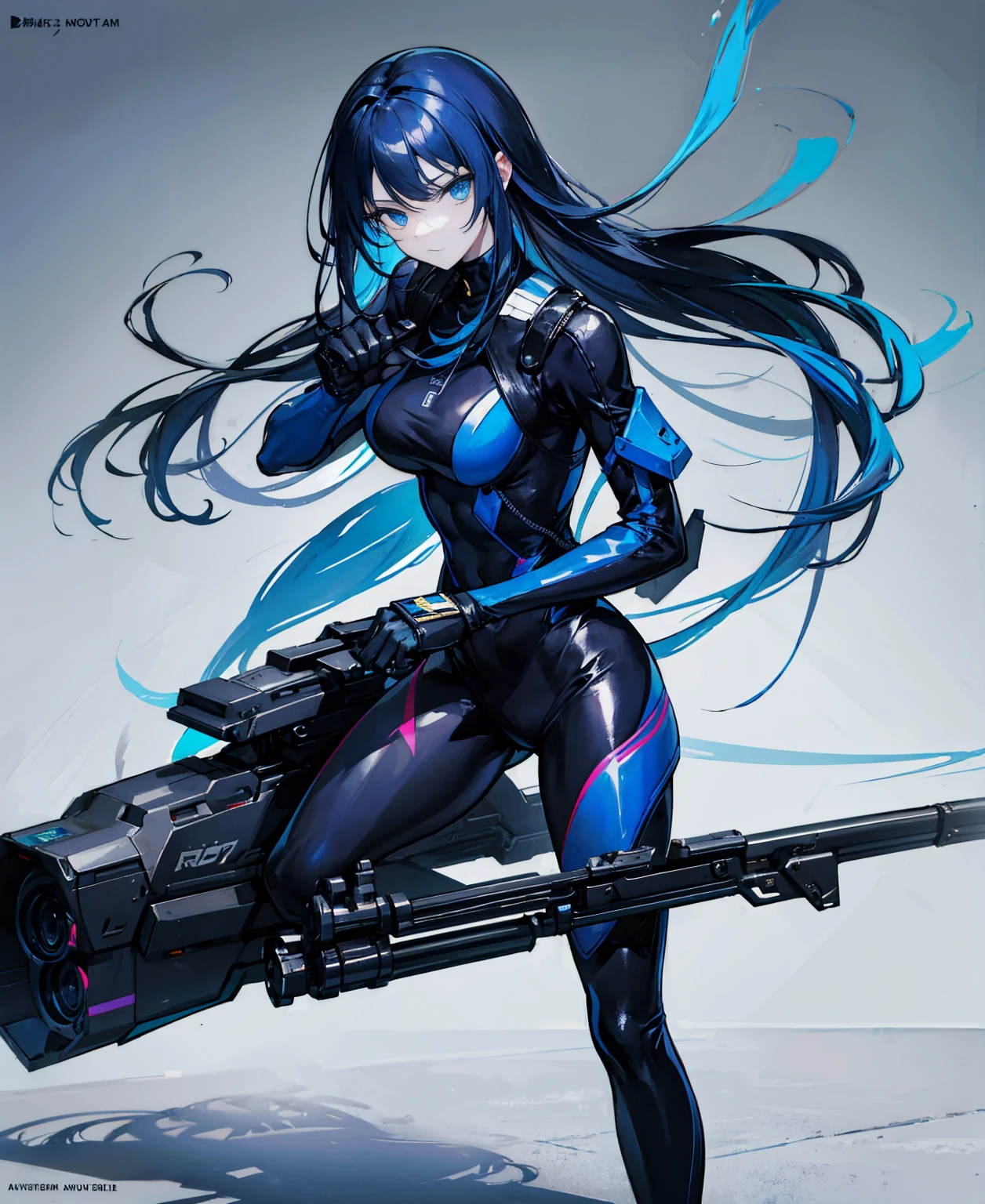 There is no background，girl，Carry a firearm，Patent leather tight suit，Use of firearms，Navy blue long hair，attention arousal，Blue colored eyes,No gradients